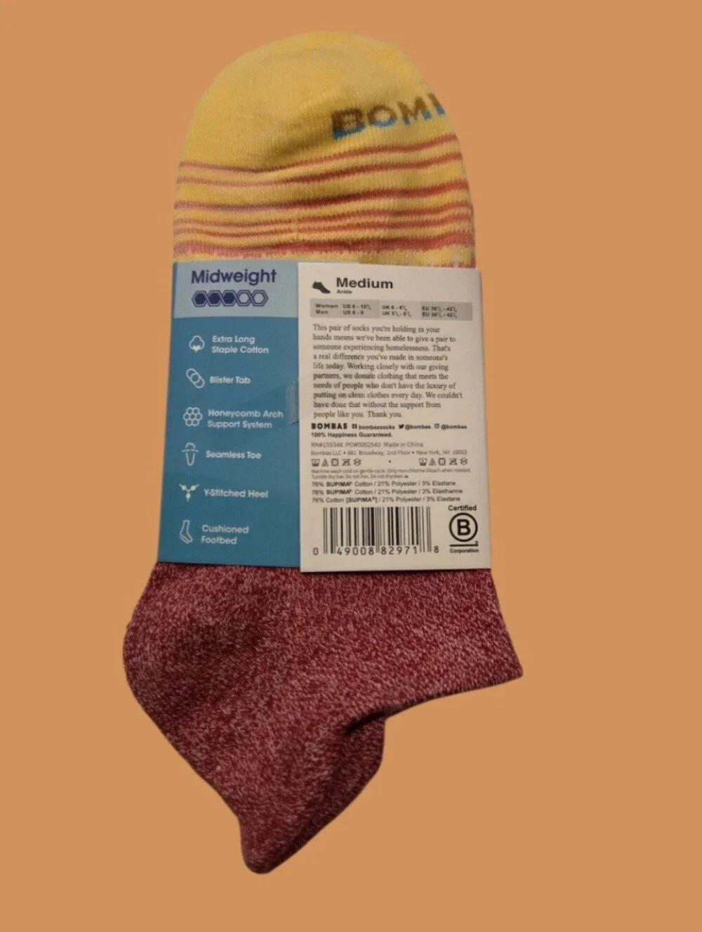 Bombas Medium Ankle Socks Red & Yellow 5 Pair BNWT Unisex Honeycomb Arch Support